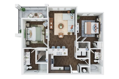 A 3D floor plan of a small apartment with a kitchen, living room, and two bedrooms.